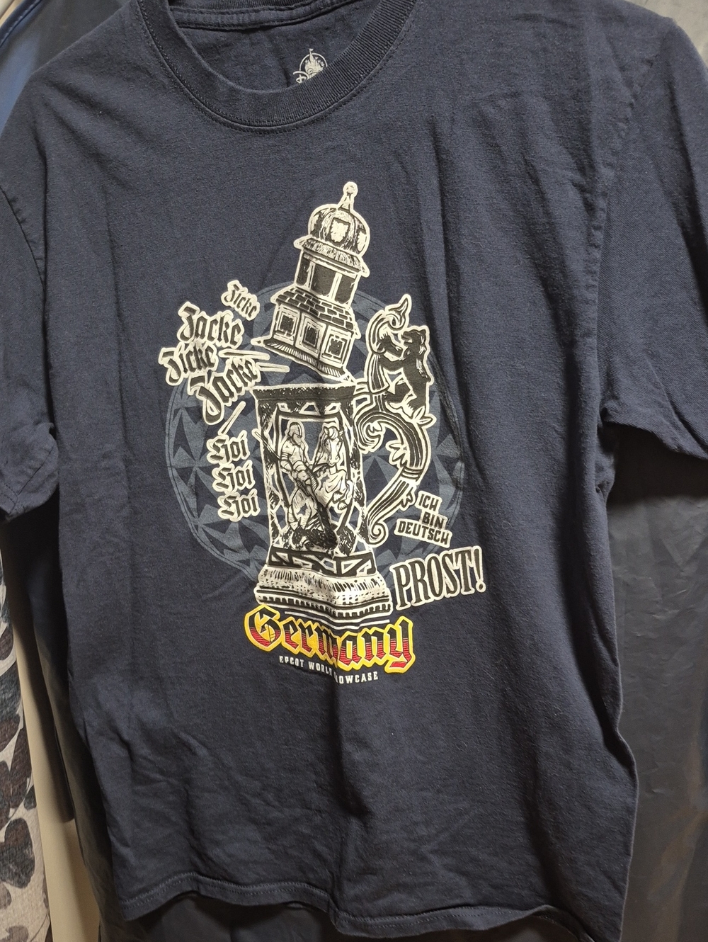Disney Navy Blue Short Sleeve Tee with Yellow & White Germany Stein Graphic